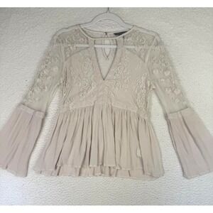 American Eagle Blouse Womens Small Beige Lace Embroidered Bell Sleeve Sheer